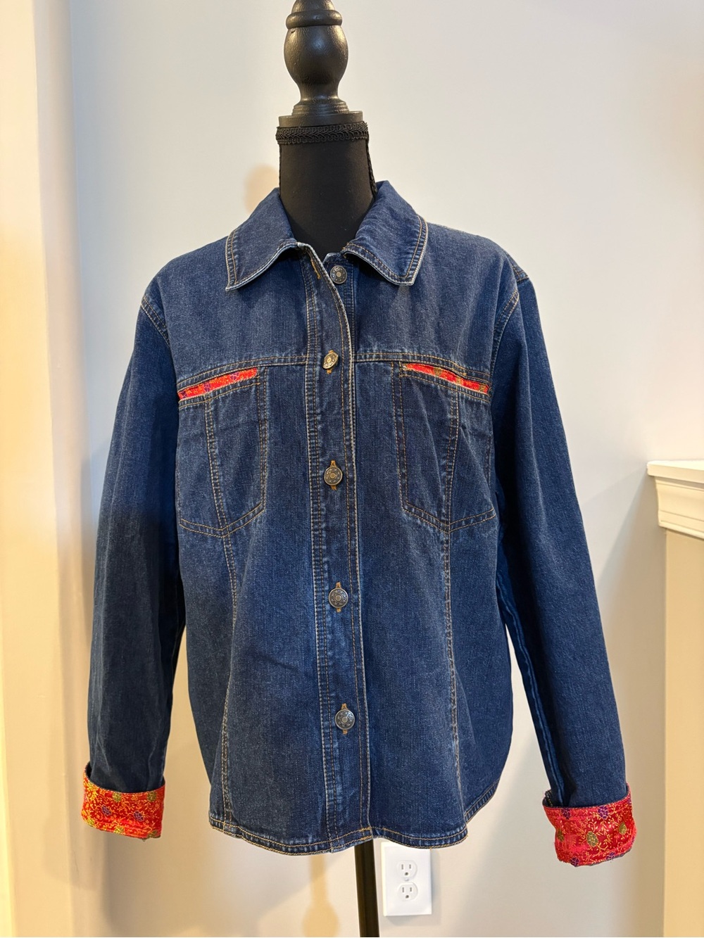 VTG Bleu Bayou Denim Jacket Brocade Floral Trim Red Gold Women’s Large